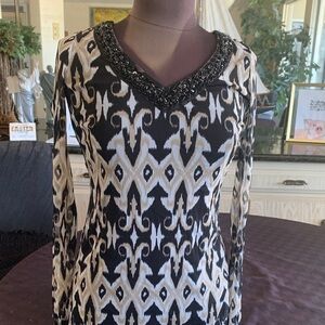 INC International Concepts Black & Cream Beaded V-Neck Long Sleeve Dress